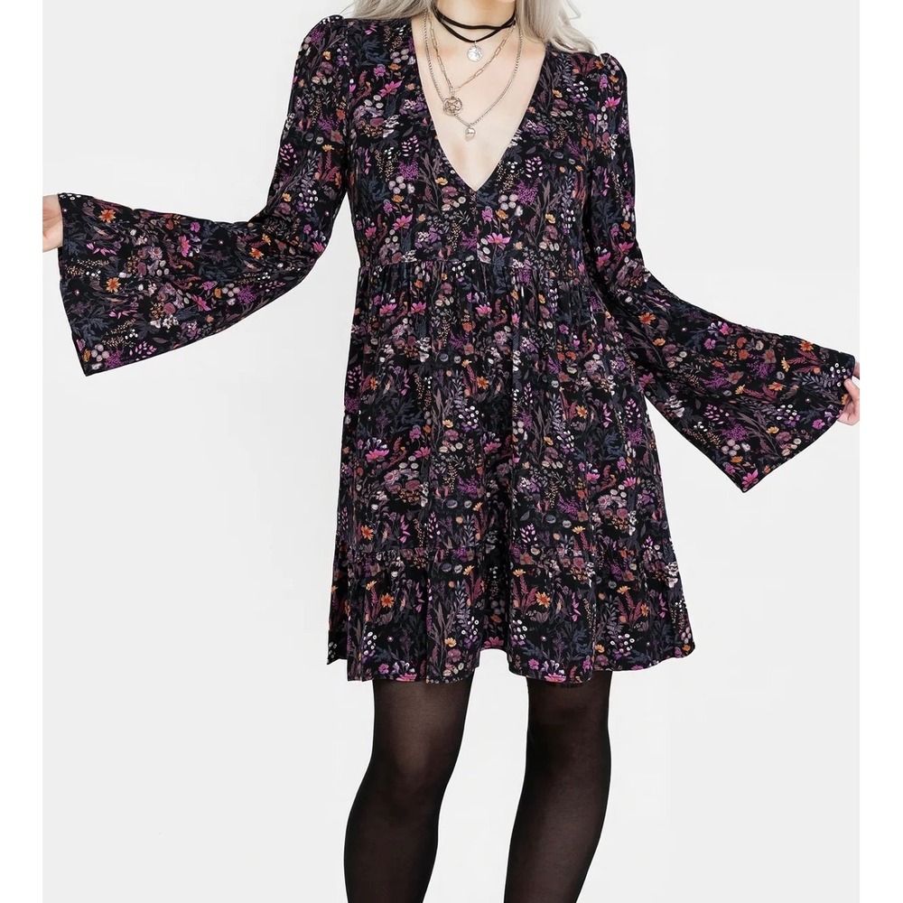 Disturbia Dark Floral Bell Sleeve Mini Dress Gothic Boho V-Neck US 14 UK 18
